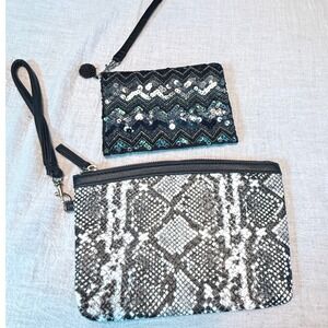 Sparkling Sequin & Snake Print Wristlet Clutch‎ Set Two Piece Evening Bag
